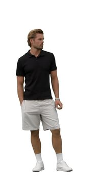 Handsome man standing and looking around, isolated on white and transparent background. Pre-keyed. with alpha channel