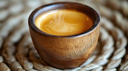 Steaming cup in wooden mug with creamy espresso