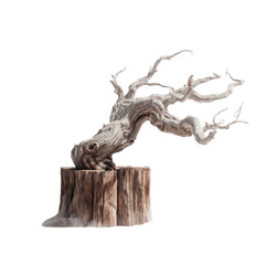 Fototapeta premium Ancient Twisted Dead Tree on Wooden Stump Isolated on White