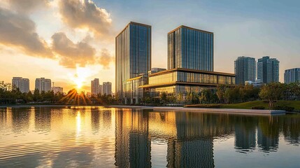 Fototapeta premium Corporate office buildings with golden facades modern cityscape vibrant sunlight shimmering reflections clean professional design. 