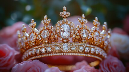 Exquisite gold crown with diamonds, nestled amongst pink roses