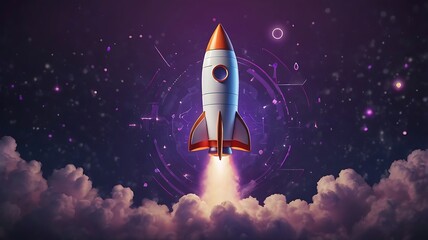 Obraz premium Rocket Launching Into Space Among Clouds And Stars Illustration Graphic