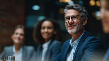 A contemporary workspace with a professional business team meeting