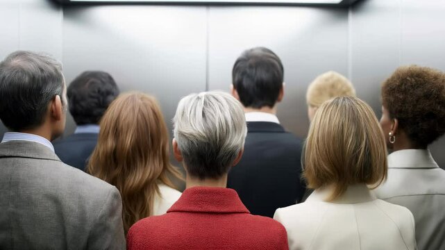 Group of standing office workers from behind inside an elevator