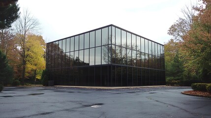 Obraz premium Cube-shaped office building sleek design glass and steel facade suburban Maryland setting spacious parking lot professional vibe. 