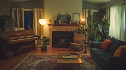A cozy living room features a piano and fireplace at dusk