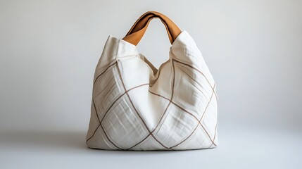 A white bag with a brown diamond grid pattern on the fabric