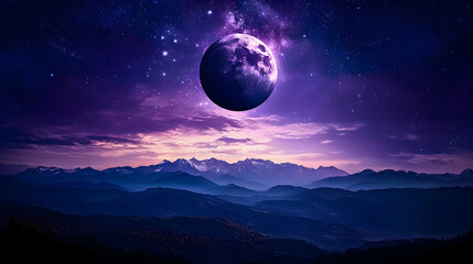 Majestic full moon over mountain range at night; dreamy landscape, perfect for fantasy or space themes
