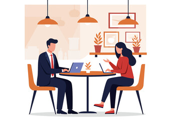 Vibrant flat vector illustration of a casual office meeting. A man and woman collaborate on a laptop in a relaxed lounge setting or modern coffee shop. Modern workplace concept