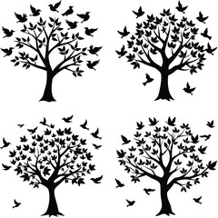 Black Silhouettes Of Trees And Birds For Decoration And Design Elements