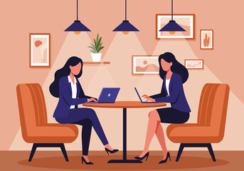 Vibrant flat vector illustration of a casual office meeting. A man and woman collaborate on a laptop in a relaxed lounge setting or modern coffee shop. Modern workplace concept