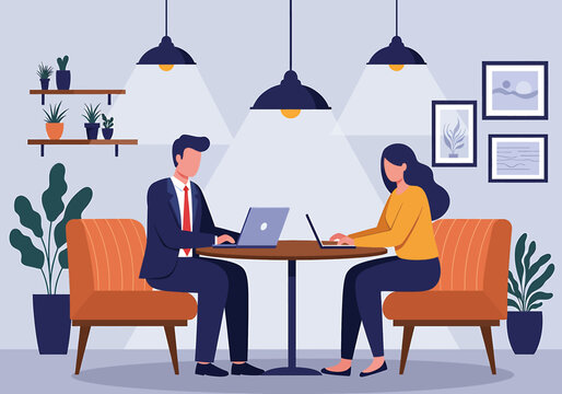 Vibrant flat vector illustration of a casual office meeting. A man and woman collaborate on a laptop in a relaxed lounge setting or modern coffee shop. Modern workplace concept