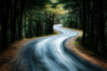 Fototapeta premium Winding road through a dense forest with tall trees and blurred motion.