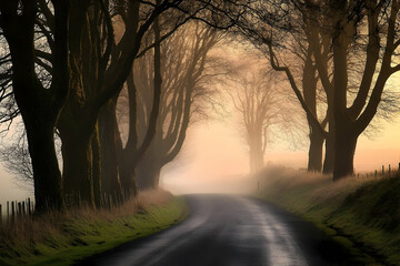 Fototapeta premium A misty road lined with trees leads towards a bright hazy light.