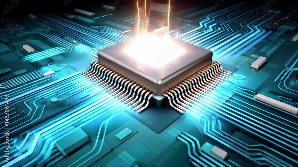 Aufkleber microchip processor technology circuit electronic glowing blue futuristic innovation and energy powe