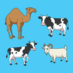 Camel, Cows, and Goat Cartoon on Blue