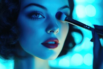 Obraz premium A woman with dark curly hair gets her makeup applied with a brush under blue light.