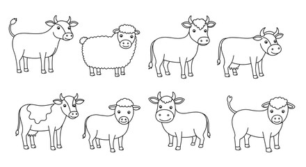 Fototapeta premium Cute Farm Animals Outline Illustration with Cows and Sheep Line Art