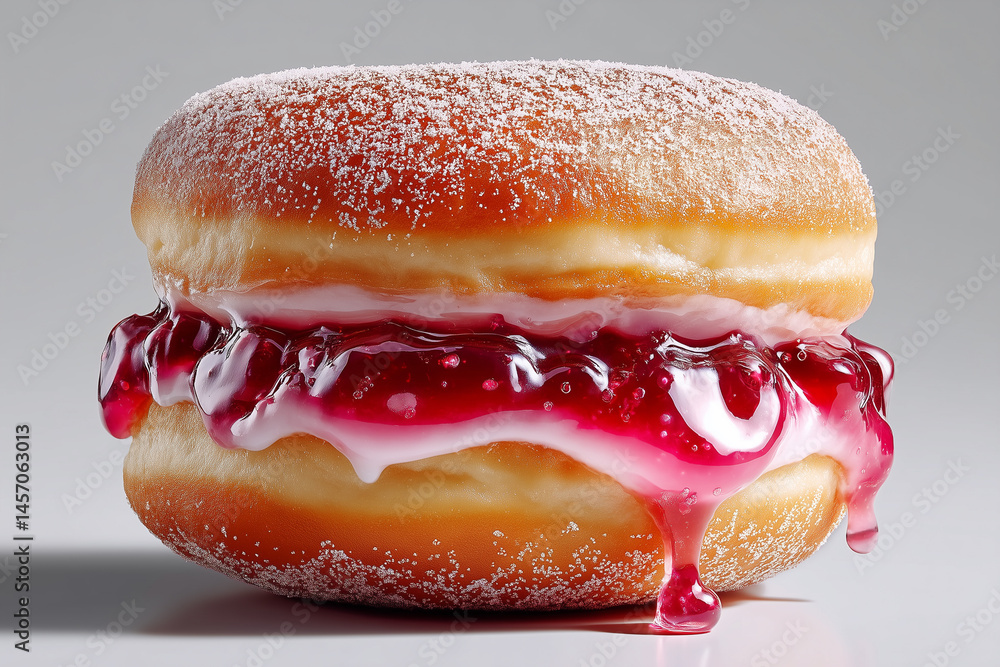 Poster close-up view of jelly-filled donut with shiny red filling and powdered sugar on surface. captured i