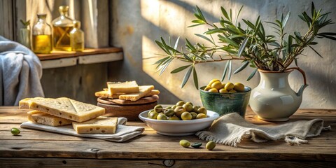 Rustic Still Life Featuring Aged Cheese, Ripe Olives, and Olive Branch in Earthenware Vessel on Weathered Wooden Table