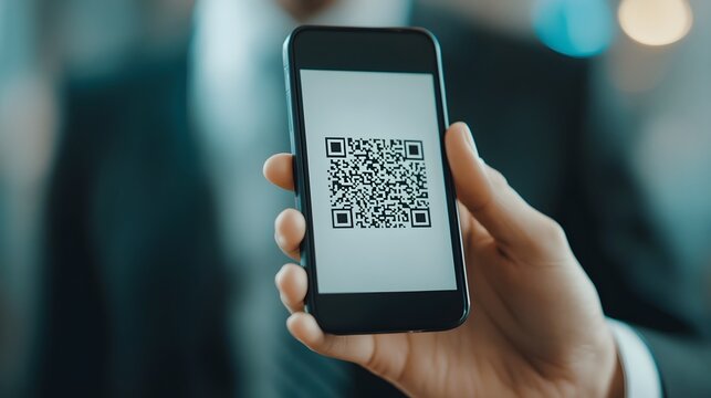 Person holding a mobile device displaying a QR code - Powered by Adobe