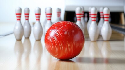 Red Bowling Ball on Lane with Pins in Background
