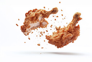 Crispy Fried Chicken Drumsticks with Flying Crumbs, isolated white background