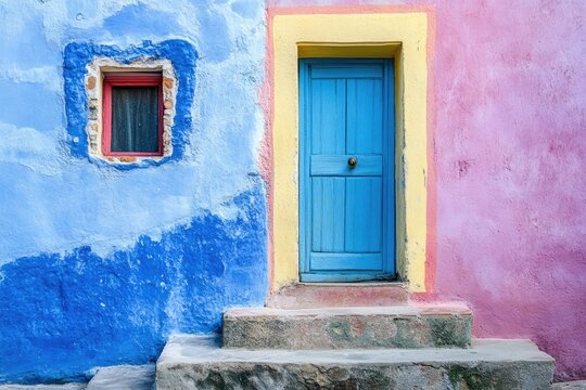 Colorful facade with a blue door and window.  Vibrant, textured walls in shades of blue, pink, and yellow.  Simple steps lead up to the door