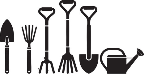 Black And White Gardening Tools Vector Illustration For Spring Planting And Landscaping