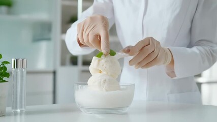 Scientist in lab coat garnishing ice cream with mint. Focus on food science, culinary arts, or product development in food industry.