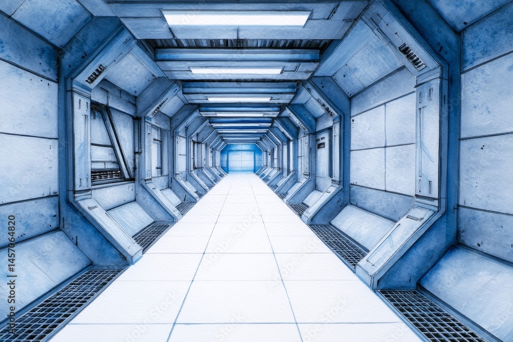 Poster futuristic spaceship corridor - a long, white corridor in a futuristic spaceship. clean lines and me