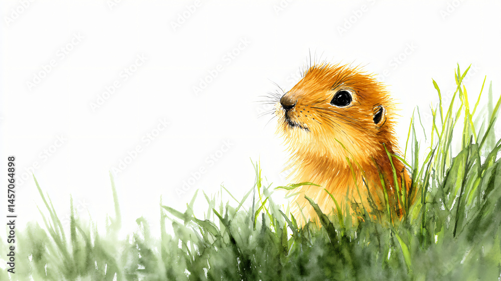 Poster gopher standing on grass with curious expression water-color representative
