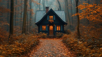 Cozy autumn cabin in misty forest