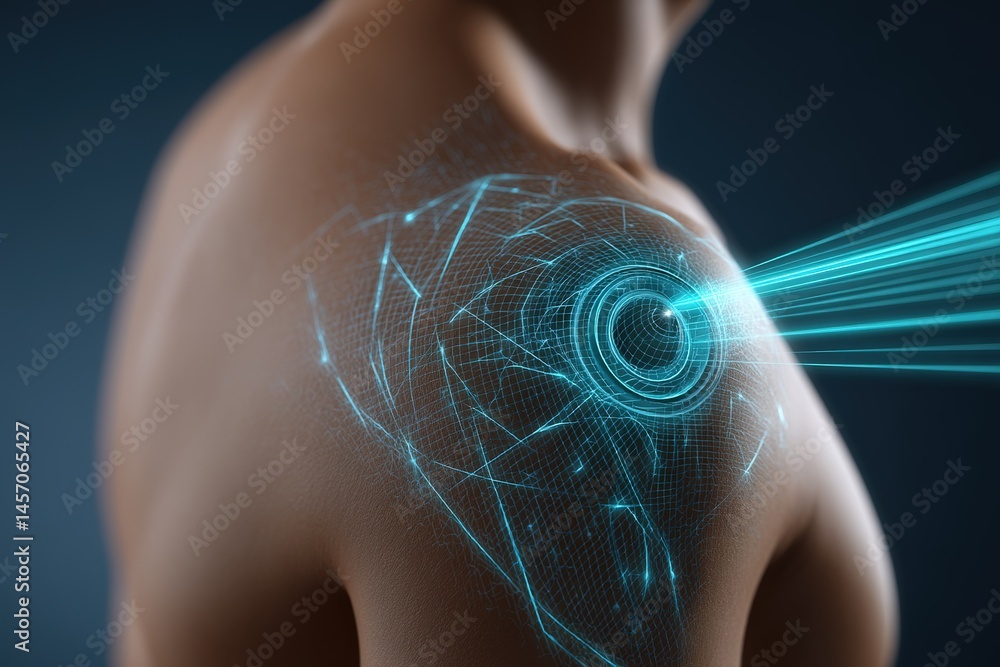 Poster high-tech shoulder with digital interface showcasing futuristic health monitoring technology in low-