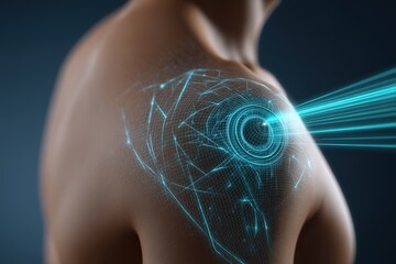 High-tech shoulder with digital interface showcasing futuristic health monitoring technology in low-light setting