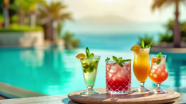 Colorful tropical cocktails on wooden tray poolside with ocean backdrop. Refreshing drinks with mint garnish, citrus slices, icecubes in luxury resort paradise setting. Exotic beverages showcase