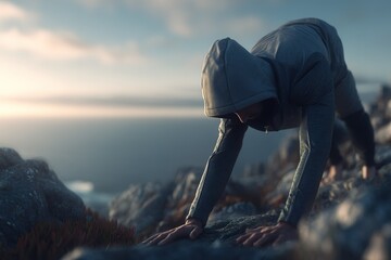 Mountain climber pushing limits at dawn on rocky terrain with breathtaking ocean view