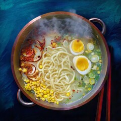 Delicious ramen noodle soup with eggs and corn
