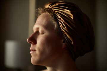 Person with a silk wrap on their head relaxing in a softly lit interior space during morning light hours