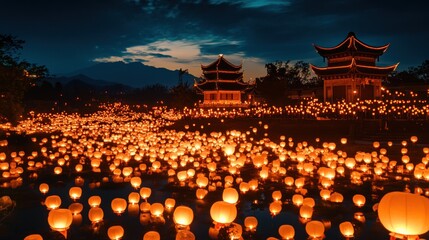 Nighttime lantern festival, illuminated river