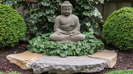 Obraz premium Outdoor garden statue of buddha on natural stone platform.