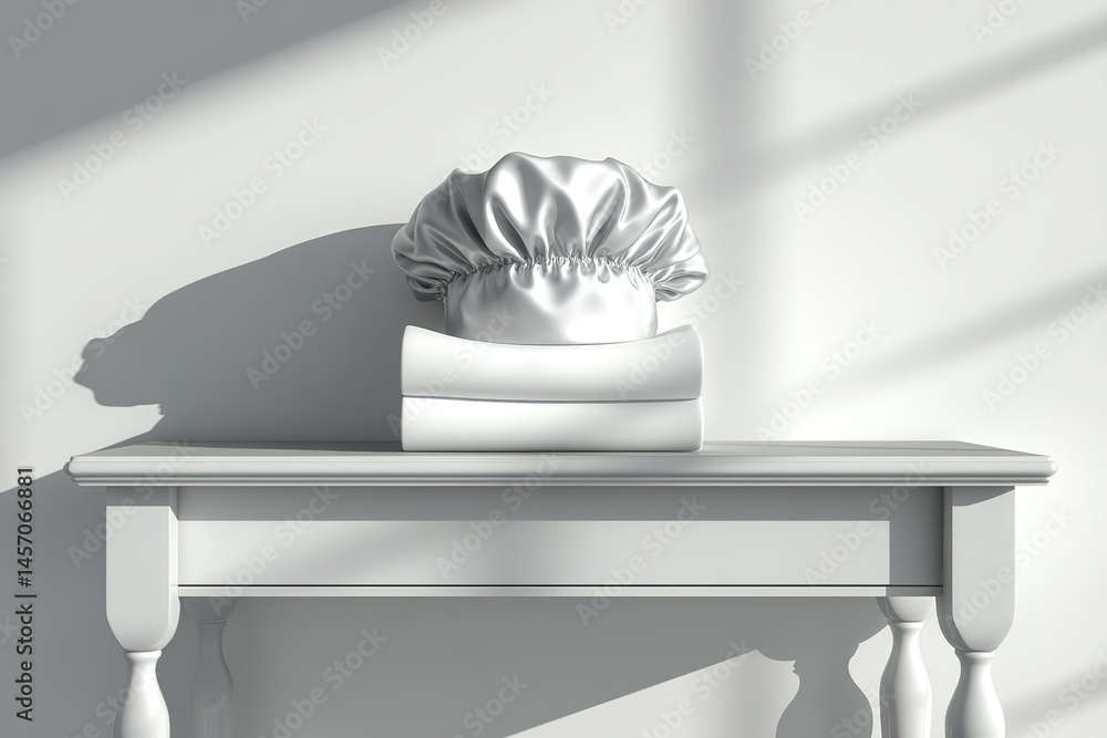 Poster soft satin shower cap resting on a stack of elegant white towels on a minimalist table with sunlight