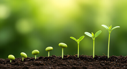 Line of Seeds and Sprouts Illustrates Green Growth Stages from Soil to Plant on a Defocused Green Background