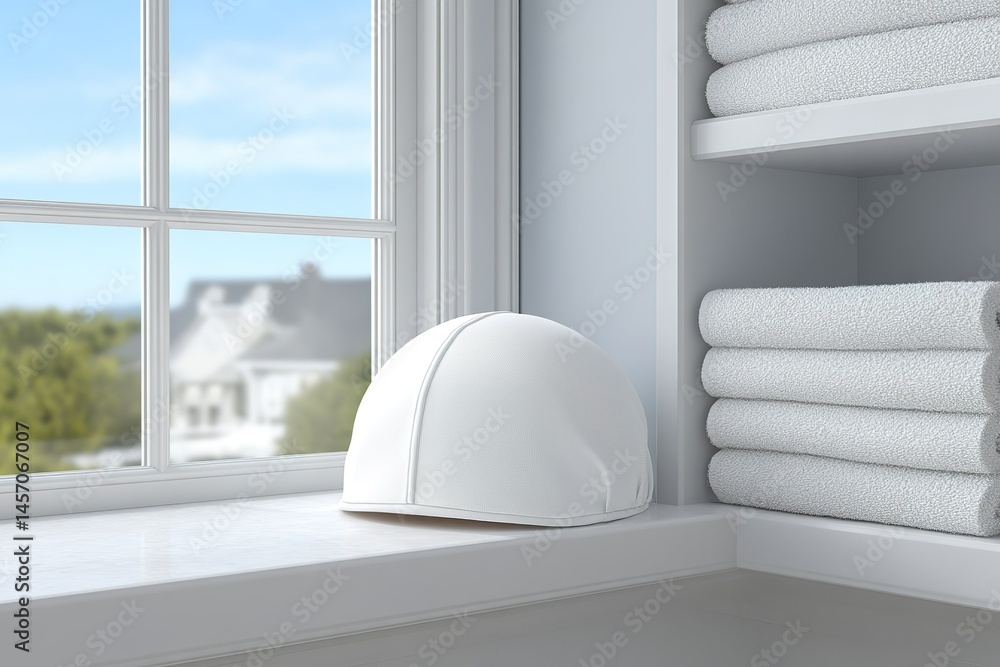 Poster white bathing cap rests on a windowsill with neatly stacked towels in a bright bathroom setting