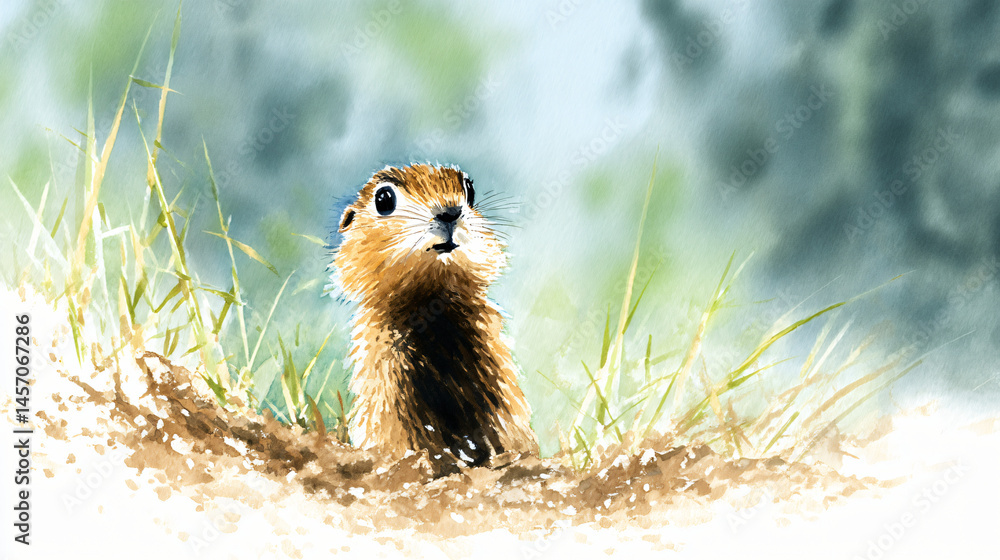Poster gopher turtle resist on grass with curious expression watercolor illustration