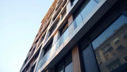 Obraz premium Sleek, tall office building detail, geometric lines, commercial, elevation