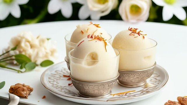 Elegant dessert presentation: Three servings of saffron-infused ice cream in ornate glass bowls, perfect for cultural celebrations.