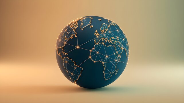Detailed 3D render of planet Earth globe showing continents covered in an intricate glowing golden network grid. Global communication, data, technology concept