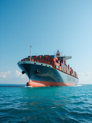 Massive cargo ship cruising through turquoise waters under a clear sky