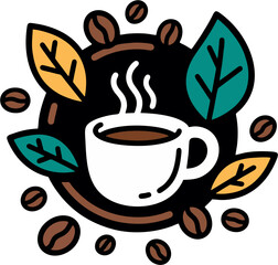 Flat Style Coffee Cup Vector with Coffee Beans and Leaves in Circle Design – Cozy Hot Drink Icon Illustration